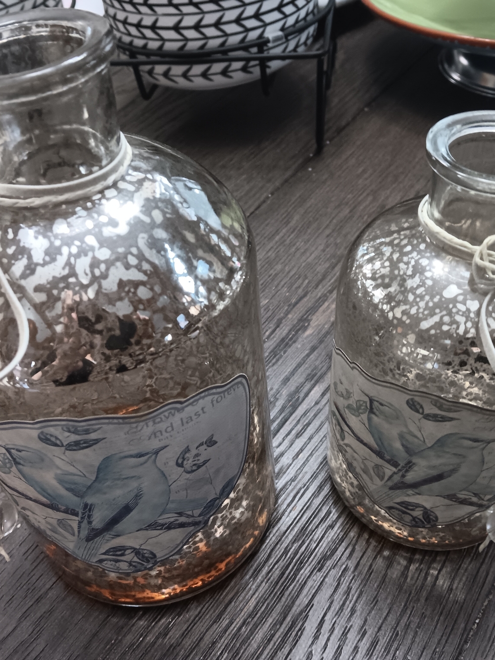 Pair Of Decorative Glass Bottle Vases with Bird Motif - Silver-Bronze